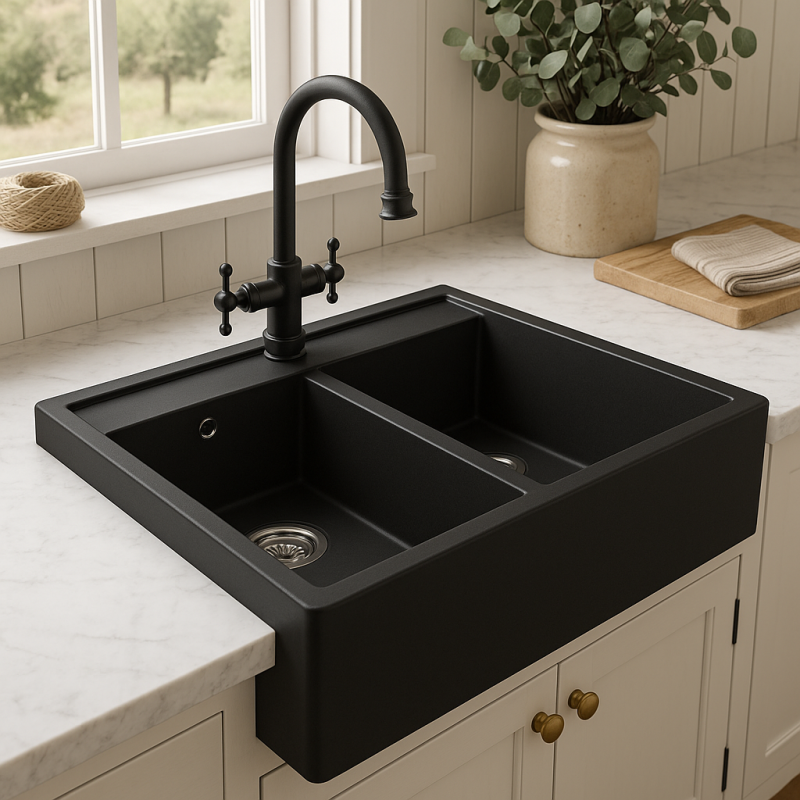 GraniteMy Farmhouse Doppel-Granit-Spüle, Schwarz, ländlich 80x63 cm, Zwischen- und Unterbau 1208957352